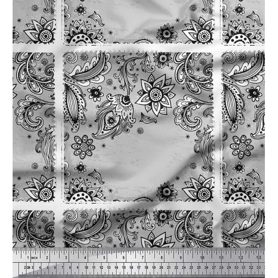 Soimoi Cotton Cambric Fabric Paisley & Black Sketch Flower Print Sewing Fabric Yard 56 Inch Wide
