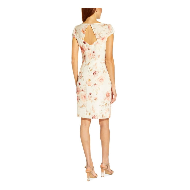 ADRIANNA PAPELL Womens White Zippered Cut Out Lined Lace Keyhole Button Back Floral Cap Sleeve Boat Neck Above The Knee Party Sheath Dress 6