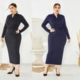 thumbnail image 6 of Women Plus Size Long Sleeves Bodycon Maxi Long Dress Stand Collar Half Zip Up Ribbed Knitted Tie Waist Sweater Clubwear, 6 of 21