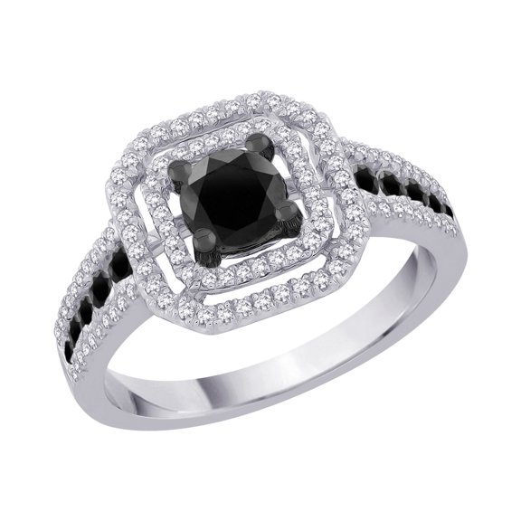 14K White Gold, Black and White Diamond Bridal Engagement Ring (1 3/8 cttw)