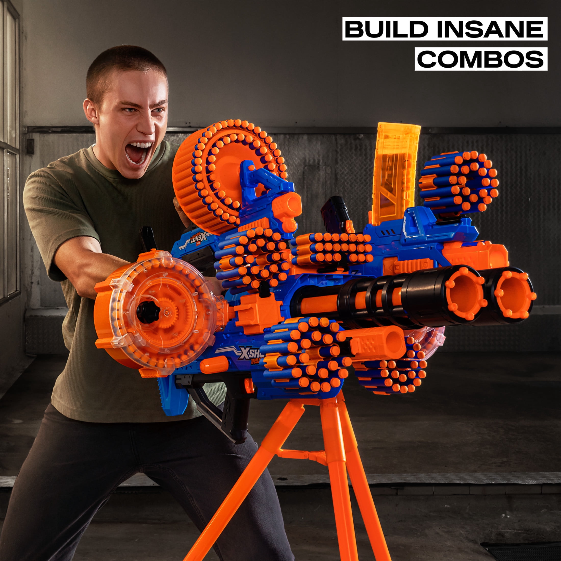 XSHOT Insanity Dart Storm by ZURU Motorized Outdoor Blaster with 200 Air Pocket Darts, Dual Motors and Spinning Barrels, Tripod for Ages 8+