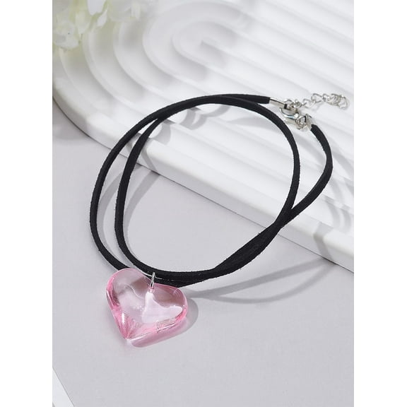 Pearl Pink Chunky Puffy Heart Choker Necklace 17.9 inch Glass Heart Shape Pendant Necklace Black Cord Love Heart Necklace for Women Men Daily Wear Attending Events Pink