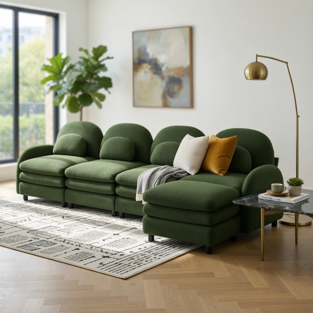 Hommoo Teddy Fleece 4-Seat Modular Sectional Sofa, Cloud-Like Double-Layer Cushion, Curved Backrest & Armrest, Movable Ottoman, Easy Assembly, Green