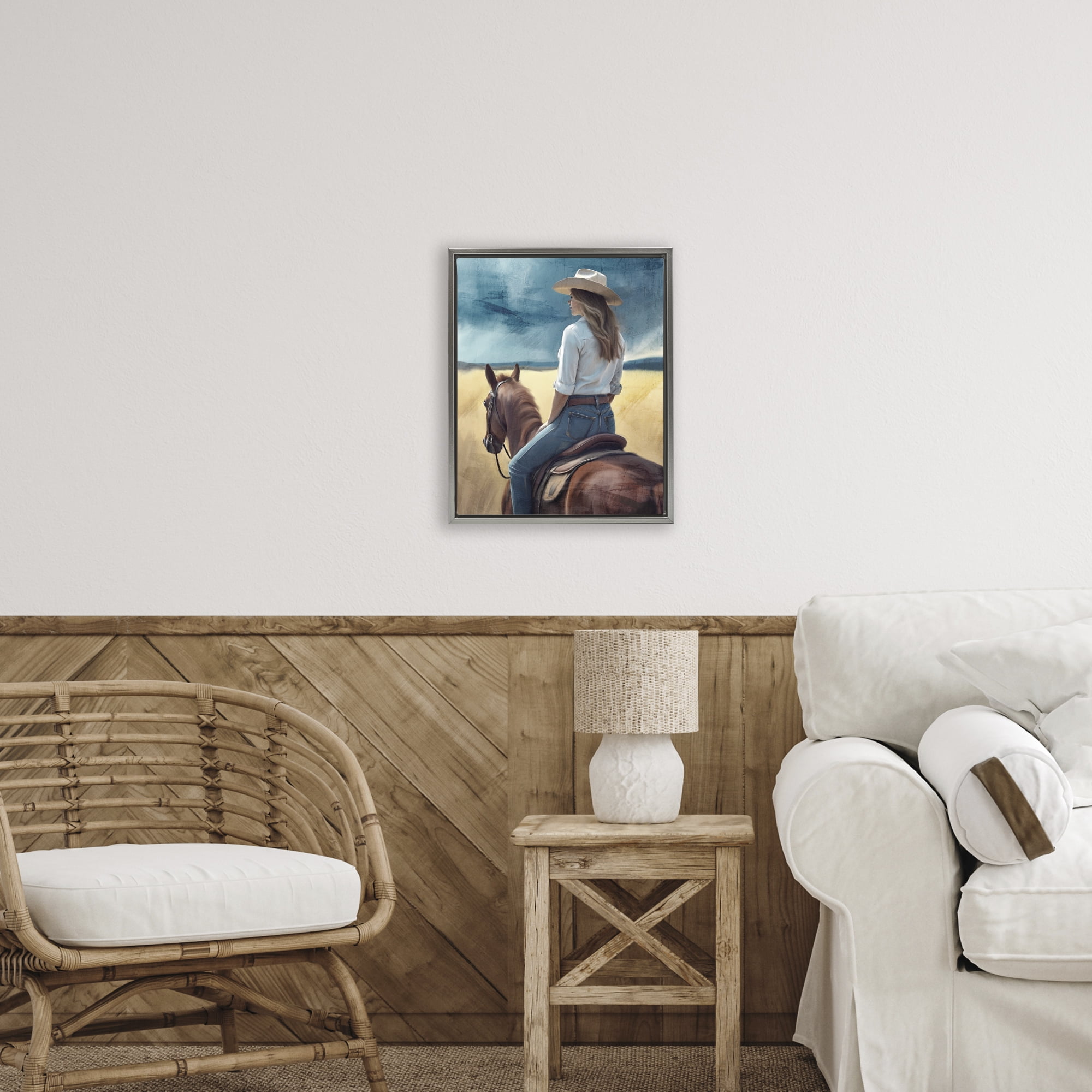Countryside Cowgirl View Gray Framed Floater Canvas Wall Art, design by Kim Allen