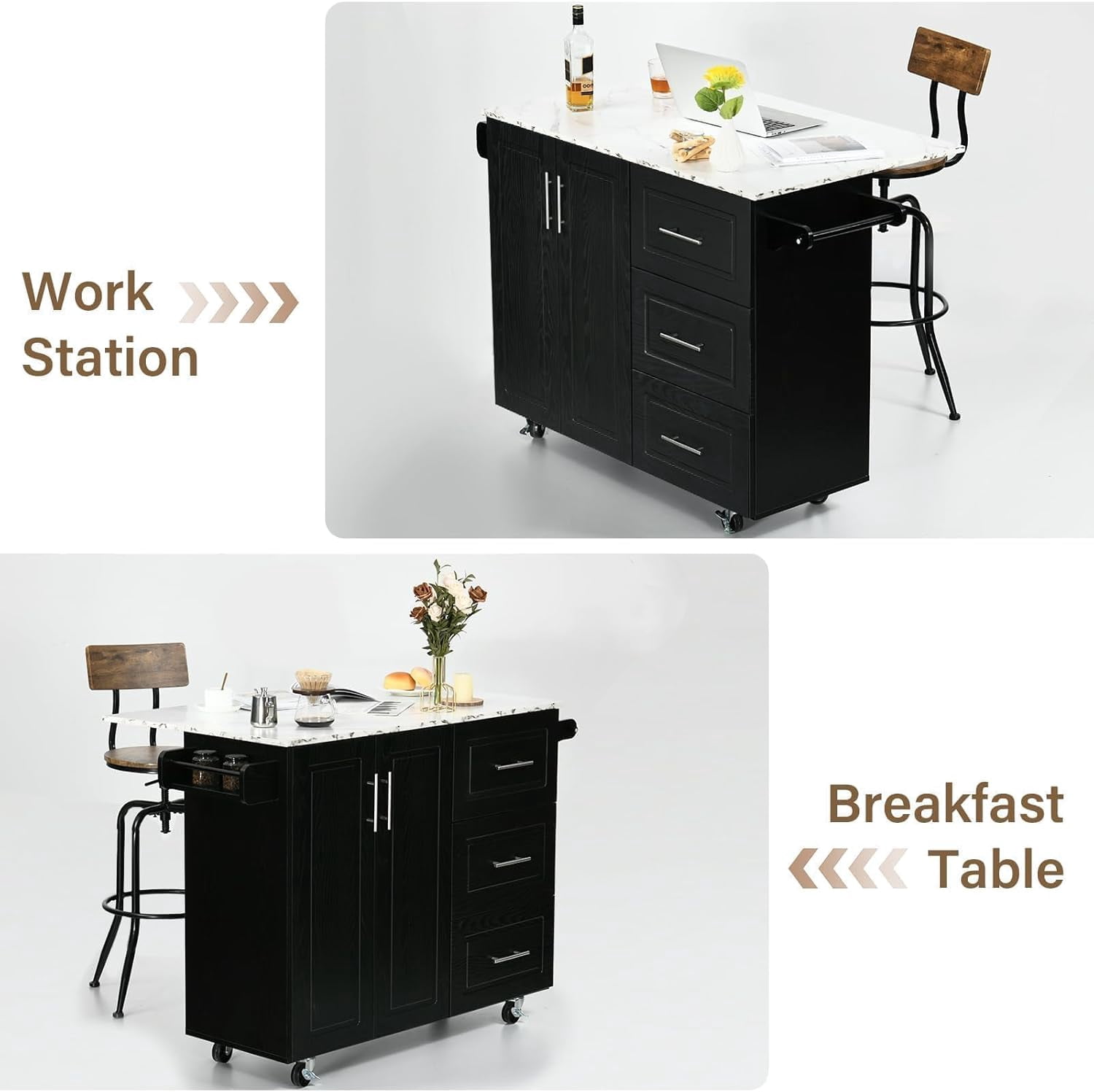 DreamCurship Kitchen Island on Wheels, Drop Leaf Kitchen Island Cart with Storage, Wood Countertop, Lockable Casters, Black