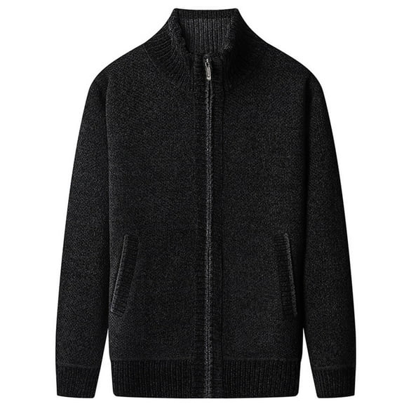 NTACZA Fall Sweaters Men Fleece Lined Black Zip Up Mock Neck Sweater Cardigan Stand Collar Knit Jacket Men's Jumper L