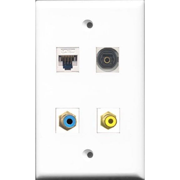 RiteAV 1 Port RCA Yellow and 1 Port RCA Blue and 1 Port Toslink and 1 Port Cat5e Ethernet White Wall Plate