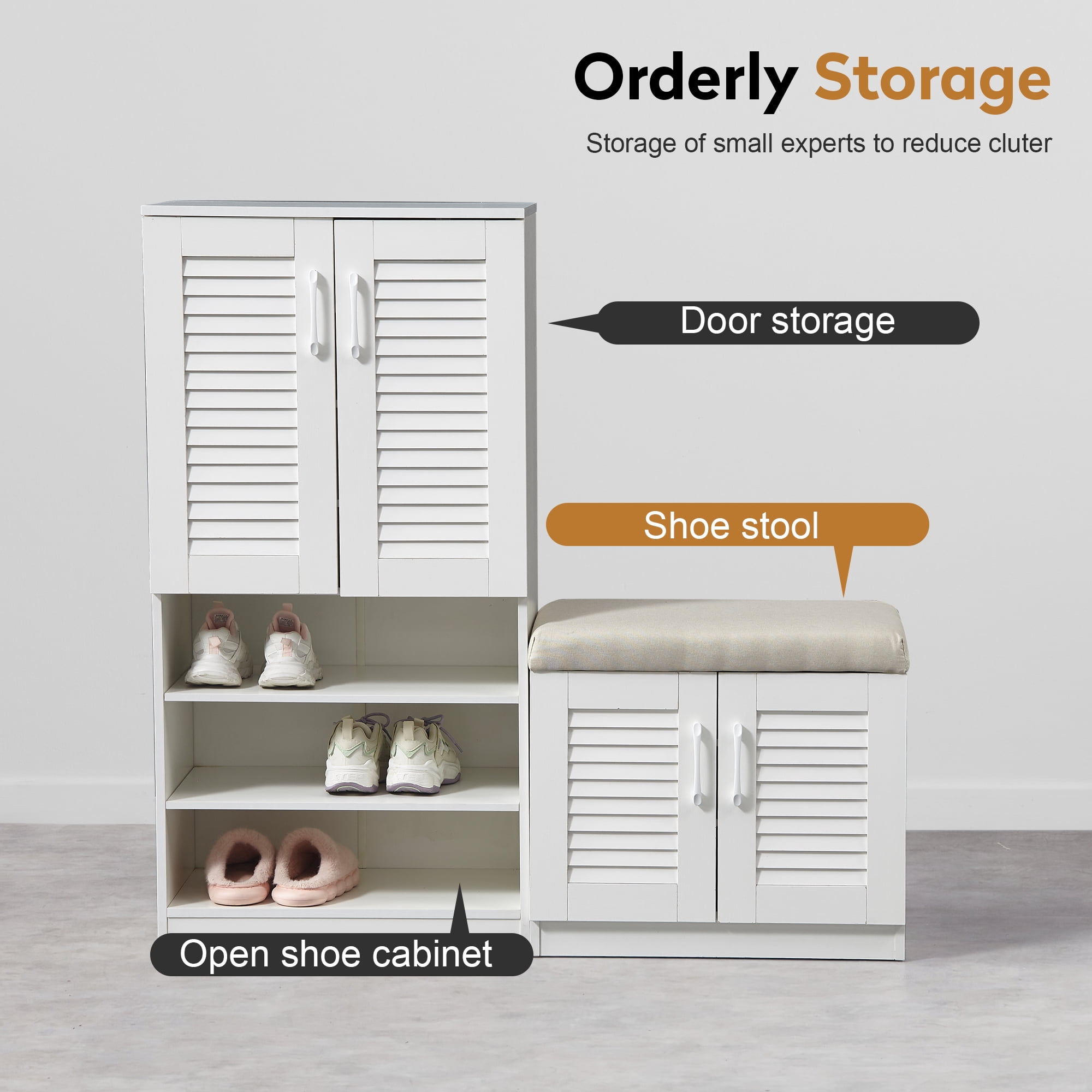 Aukfa Shoe Storage Cabinet with Cushion Bench, Shoe Bench Freestanding Shoe Rack for Mudroom, Hallway,White