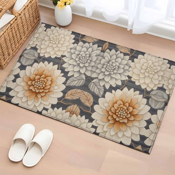 Burnt Orange Grey Flower Bathroom Rug Washable 2x3 Entryway Rug Non Slip Spring Floral Botanical Front Door Mat Low Pile Indoor Doormat Throw Floor Carpet for Kitchen Bedroom Entrance