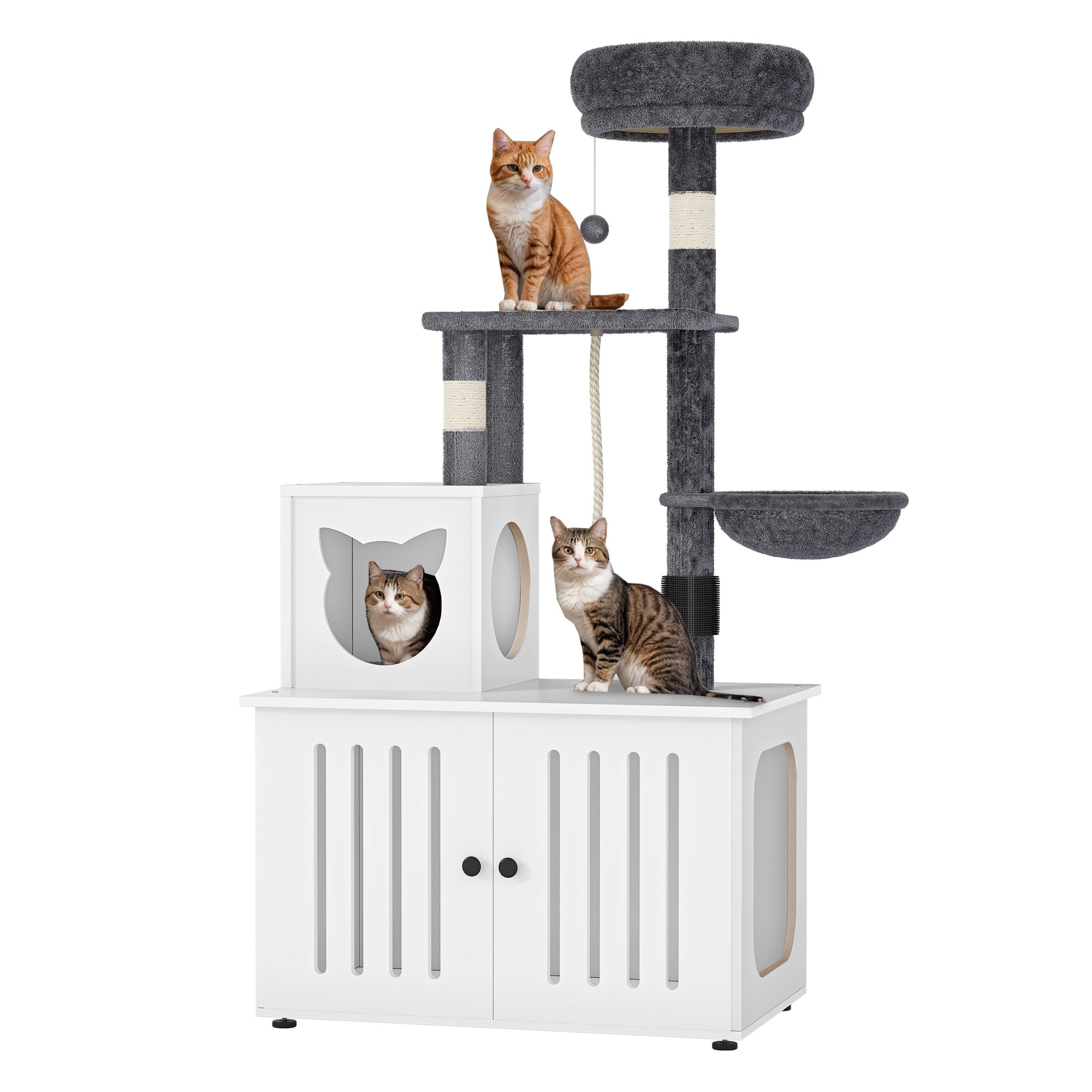Dextrus 2-in-1 Cat Tree with Litter Box Enclosure,53.5" Large Modern Cat Condo with Scratching Posts, Perch, Food Station, Hammocks, Scratch Post, White