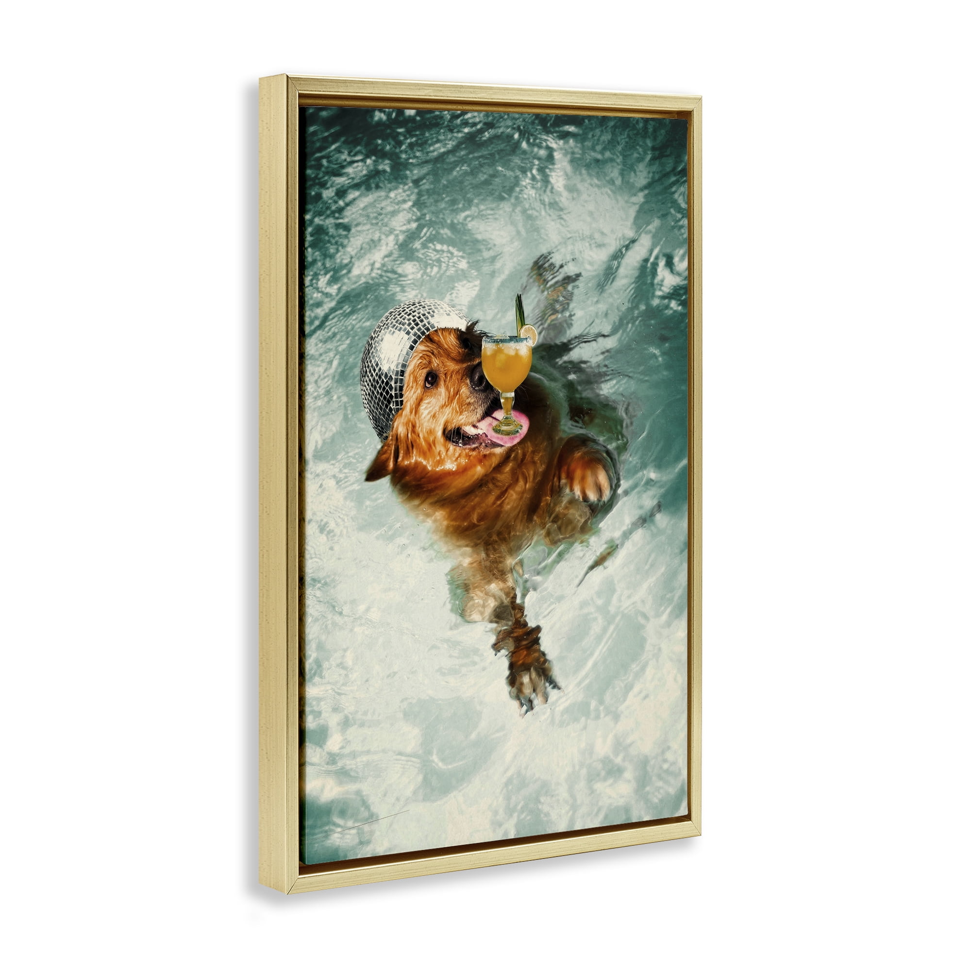 Stupell Industries Disco Dog in Pool Novelty & Humor Painting Gold Floater Framed Canvas Art Print Wall Art, 17 x 25