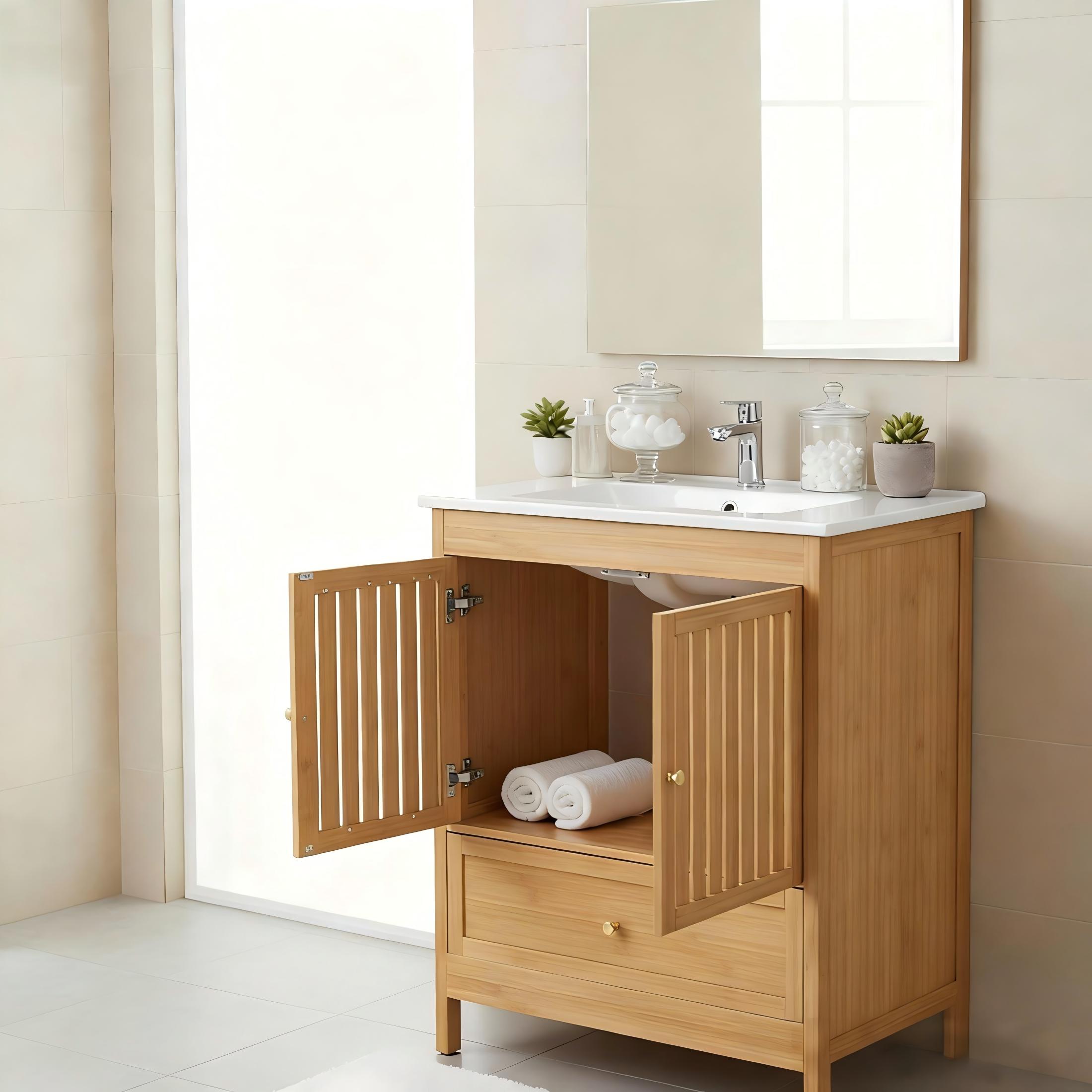Naturoasis 30" Bathroom Vanity with Sink, Solid Wooden Free Standing Bathroom Cabinet, Farmhouse Bamboo Storage Cabinet with Large Drawer, Soft-Closing Louvered Doors with Built-in Shelves