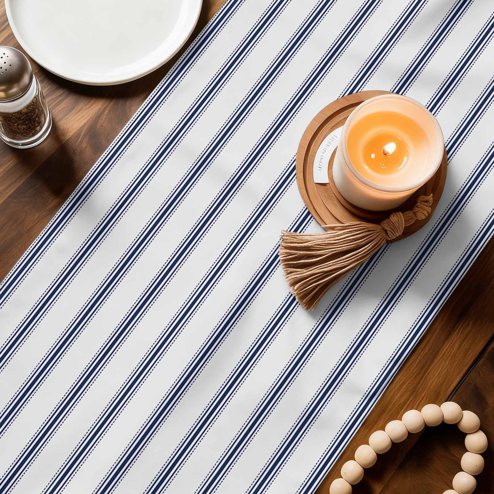 Navy Blue Striped Table Runner, Navy Blue White Stripes Farmhouse Washable Cotton Linen Table Runners 72 Inches Long, Dresser Scarf Runner for Dining/Coffee/Kitchen/TV Stands/Cabinets 13''x72''