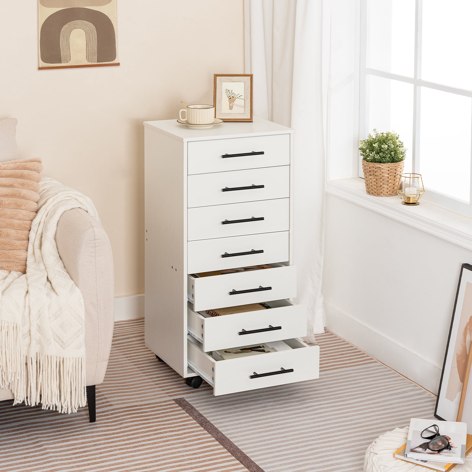 HOOBRO 7-Drawer File Cabinet, Wooden Office Cabinet with Drawers, Mobile Storage Filing Drawer for Home Office, Study, Easy Assembly, White WT07WJ01