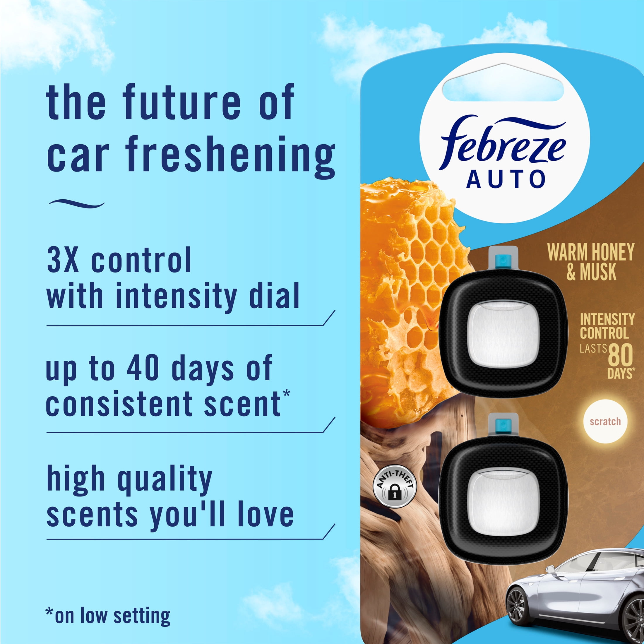 Febreze Auto Air Freshener, Car Vent Clip, Warm Musk & Honey, 2 Count