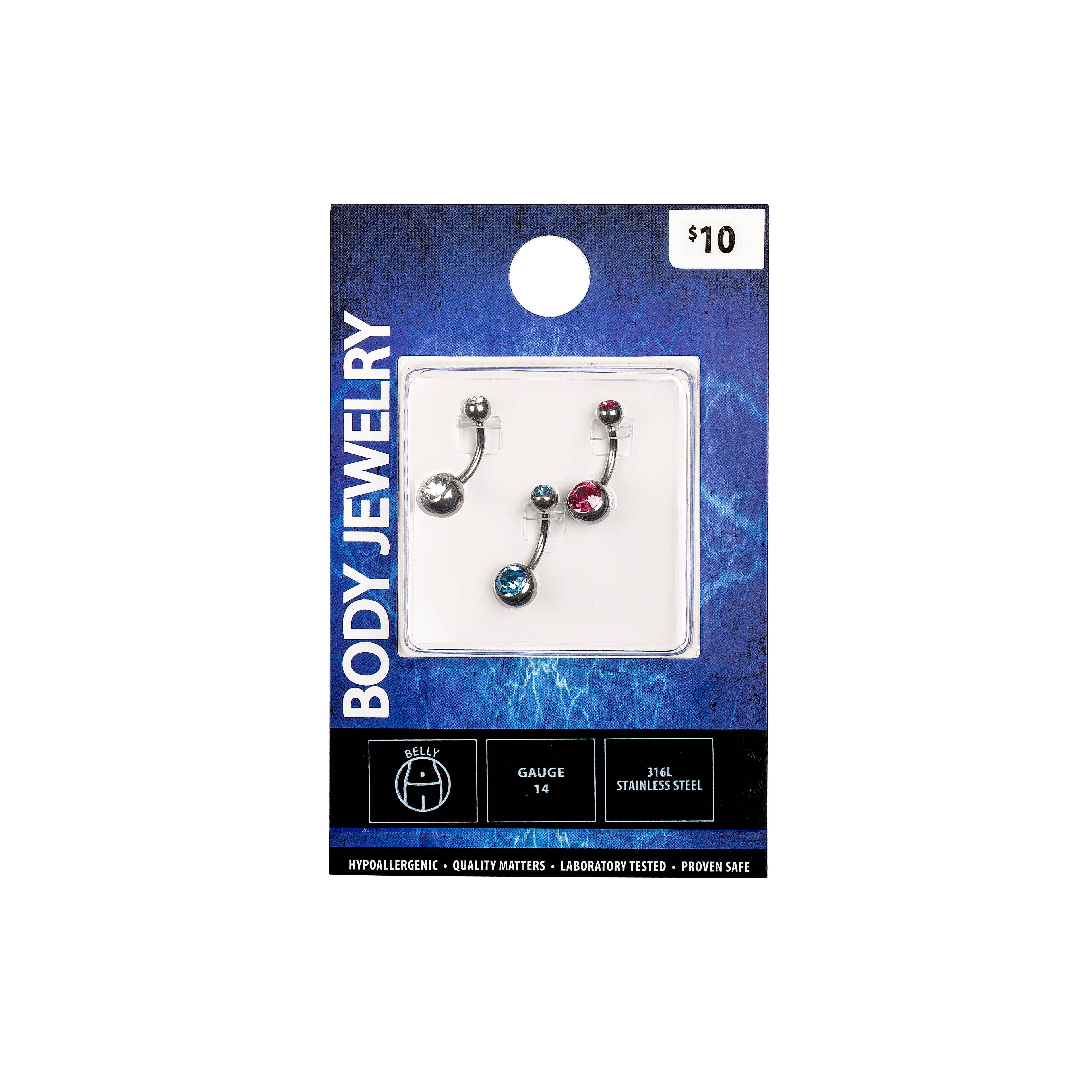 Body Jewelry Sterling Silver 14G Multicolor Crystal Belly Rings, 3 Pack