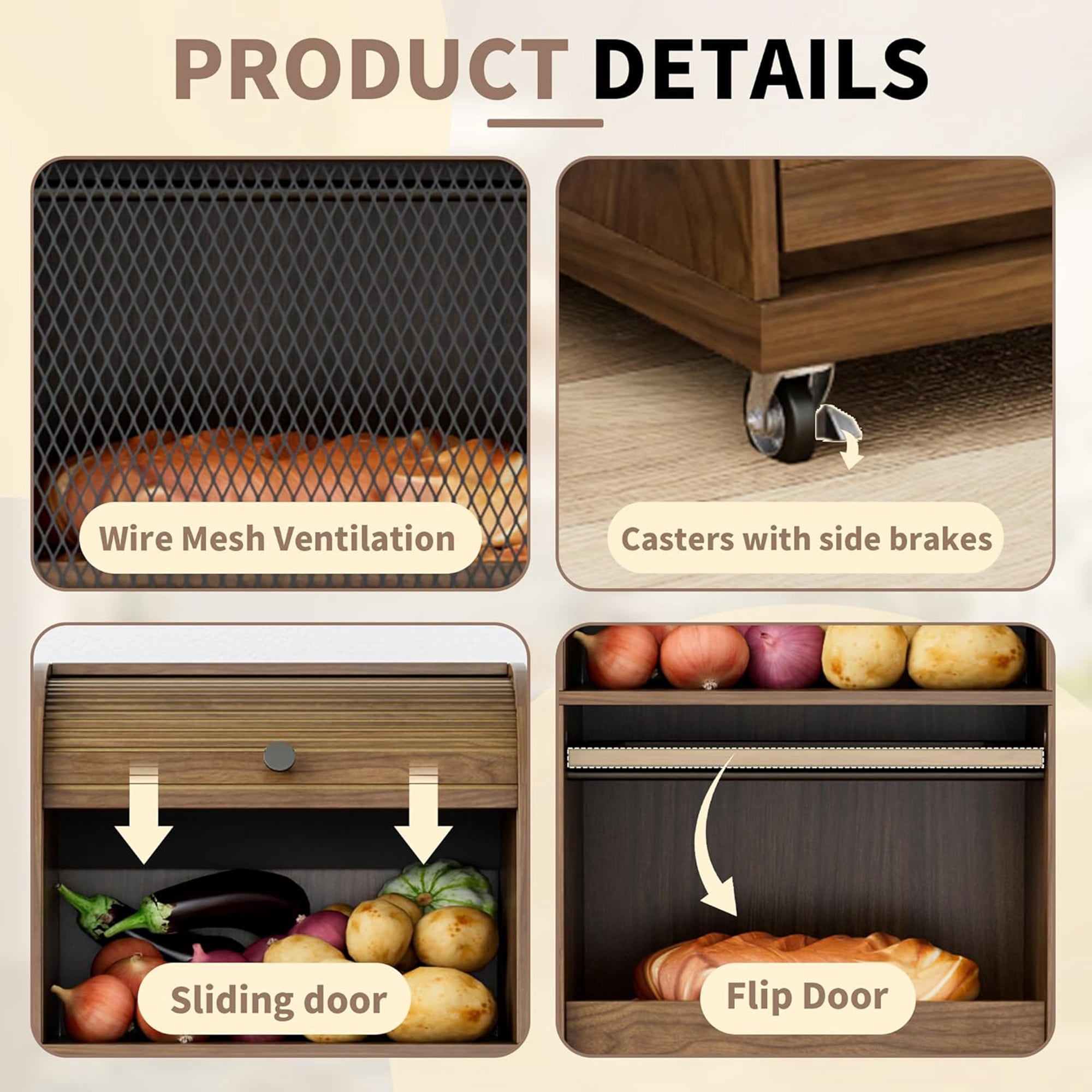 Onion and Potato Storage Bin Box, Movable Potato Bins with Sliding Door, Farmhouse Kitchen Pantry Cabinet