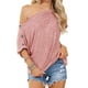thumbnail image 3 of Blusa de manga corta con botones y hombros descubiertos para mujer, estilo informal, holgada, con alas de murciélago, 3 of 5