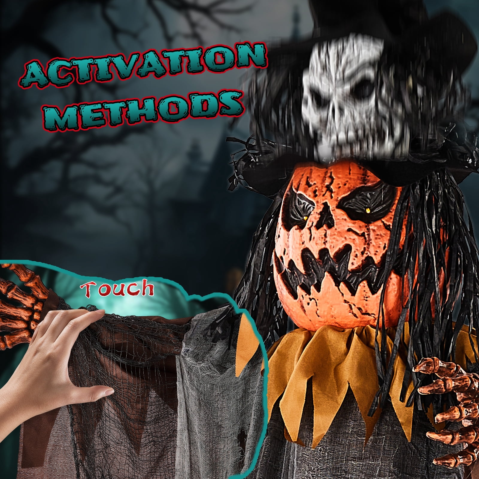 Astoutdoor 6 ft Skull Pumpkin Man Halloween Standing Decoration with Orange Light-Up Eyes, Pop-Up Skull Head, and Ghostly Sound Effects, Sound-Activated and Battery Operated