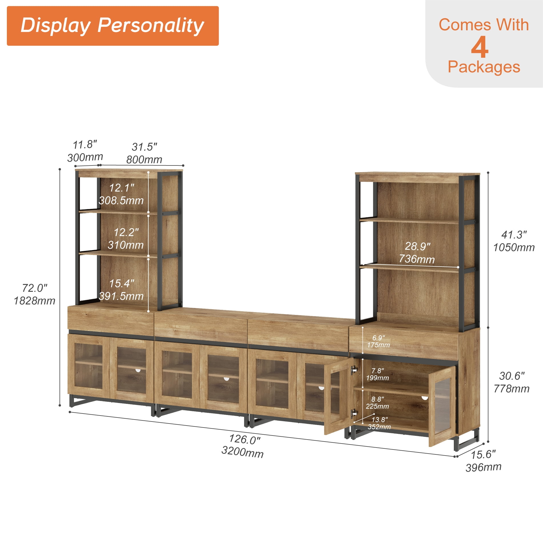 WAMPAT Modern TV Stand with 3 Tiers Bookshelf, Farmhouse Entertainment Center with 4 Large Storage Cabinets and Adjustable Shelf, Wooden Media TV Console with Glass Doors for Living Room, Oak