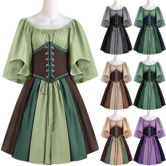 Womens Renaissance Dress Medieval Costume Lace Up Corset Off Shoulder Puff Sleeve A-Line Skater Dress for Halloween Cosplay Ren Faire, Mint Green, M