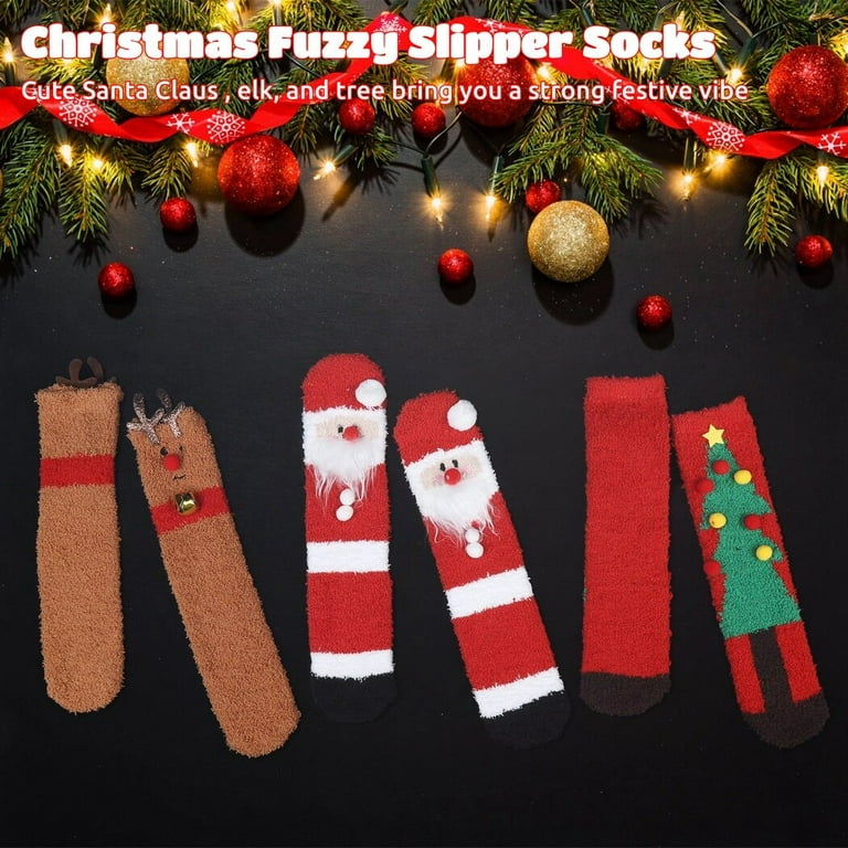 Christmas Fuzzy Socks, 3 Pairs Christmas Slipper Socks for Women, Colorful  Santa Claus Elk Christmas Tree Cozy Socks, Non-Slip Indoor Soft Fleece Socks  for Winter 