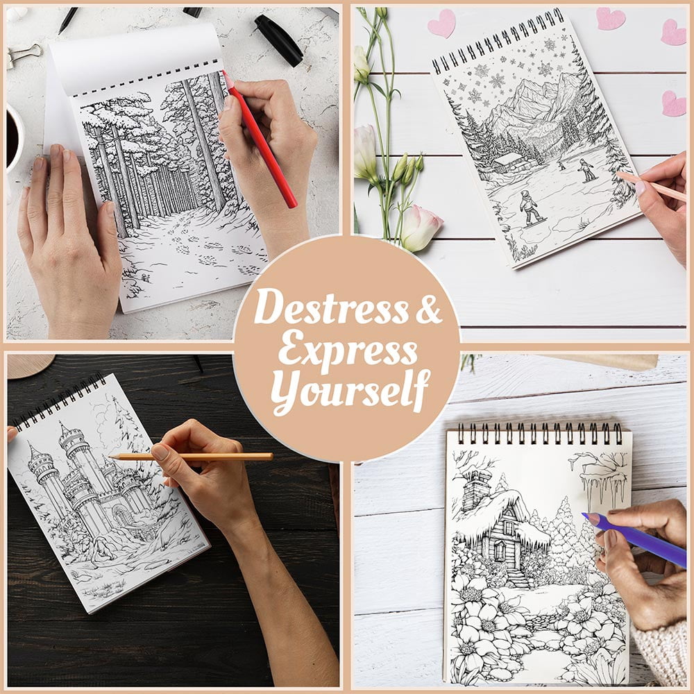 Netecom Winter Enchanted Coloring Book Spiral Bound For Adults, A5 Wooden Cover, 30 Tranquil Coloring Pages of Frozen Landscapes for Stress Relief and Relaxation