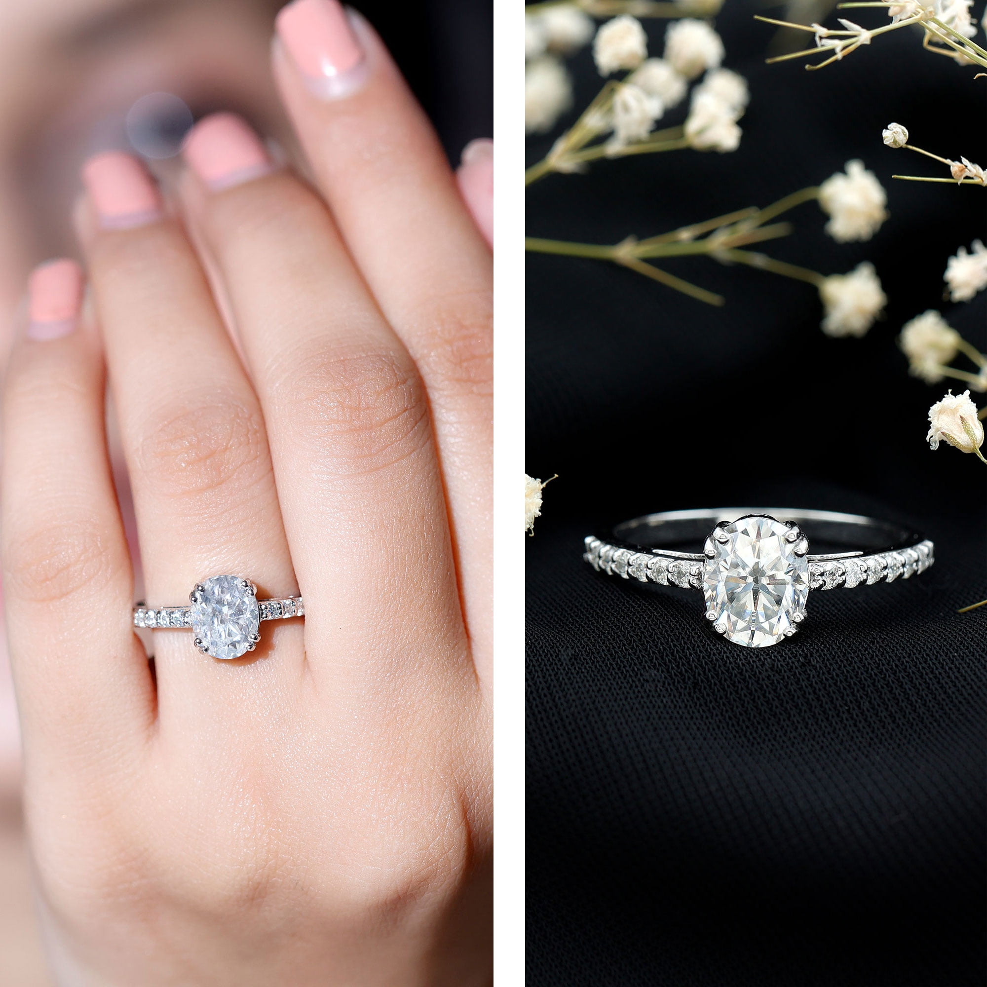 Rosec Jewels 2 Carat Moissanite Engagement Ring for Women - 7X9 mm Oval Moissanite Ring - D-VS1 Grade, 10K White Gold, US 3.00