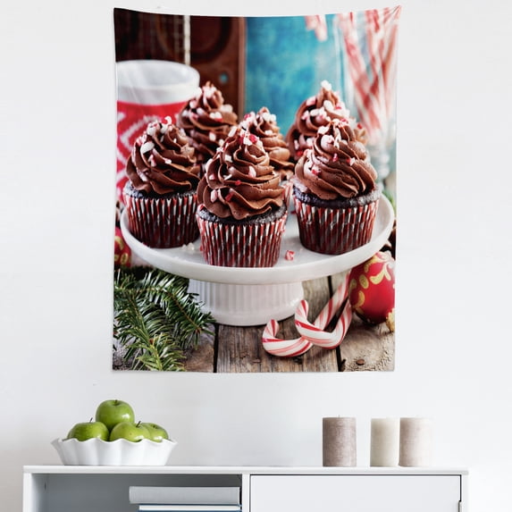 Food Tapestry, Christmas Themed Dessert Plate of Chocolate Peppermint Cupcakes and Candy Cane, Fabric Wall Hanging Decor for Bedroom Living Room Dorm, 5 Sizes, Brown Dark Pink, by Ambesonne