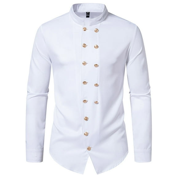 HOOMEUMY Mens Suit Shirts Fashion 2025 Trendy Classic Solid Blouse Stand Collar Tops Slim Fit Design Casual Basic Long Sleeve Shirts White L