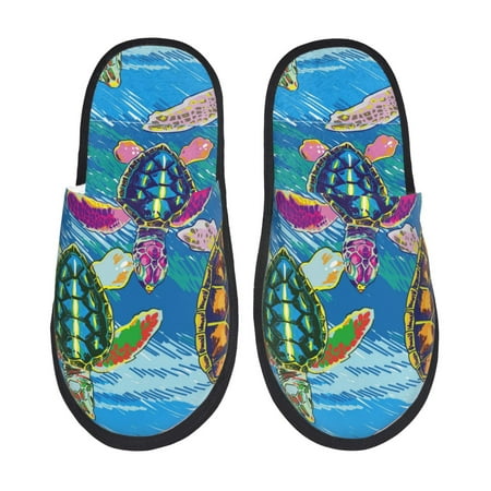 

Fuzoiu Little Sea Turtles Print Unisex Furry Slippers Plush Indoor Shoes Trendy House Slippers Anti-Skid EVA Sole House Shoes for Home Office and Travel -Medium