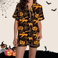 thumbnail image 2 of CQXIDFH Halloween Matching Halloween Pajamas Graphic Print Satin Pajama Set Short Sleeve Button Top with Shorts Cute Summer Sleepwear Casual Lounge Home Wear, 2 of 8