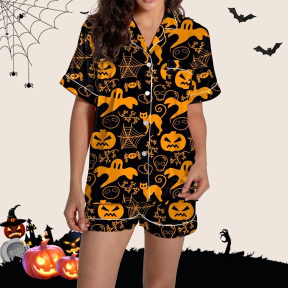 Halloween Under $ 30 Women Pajama Sets Women Cute Short Sleeve Print Top Buttoned Shorts Home Set Black Pajama