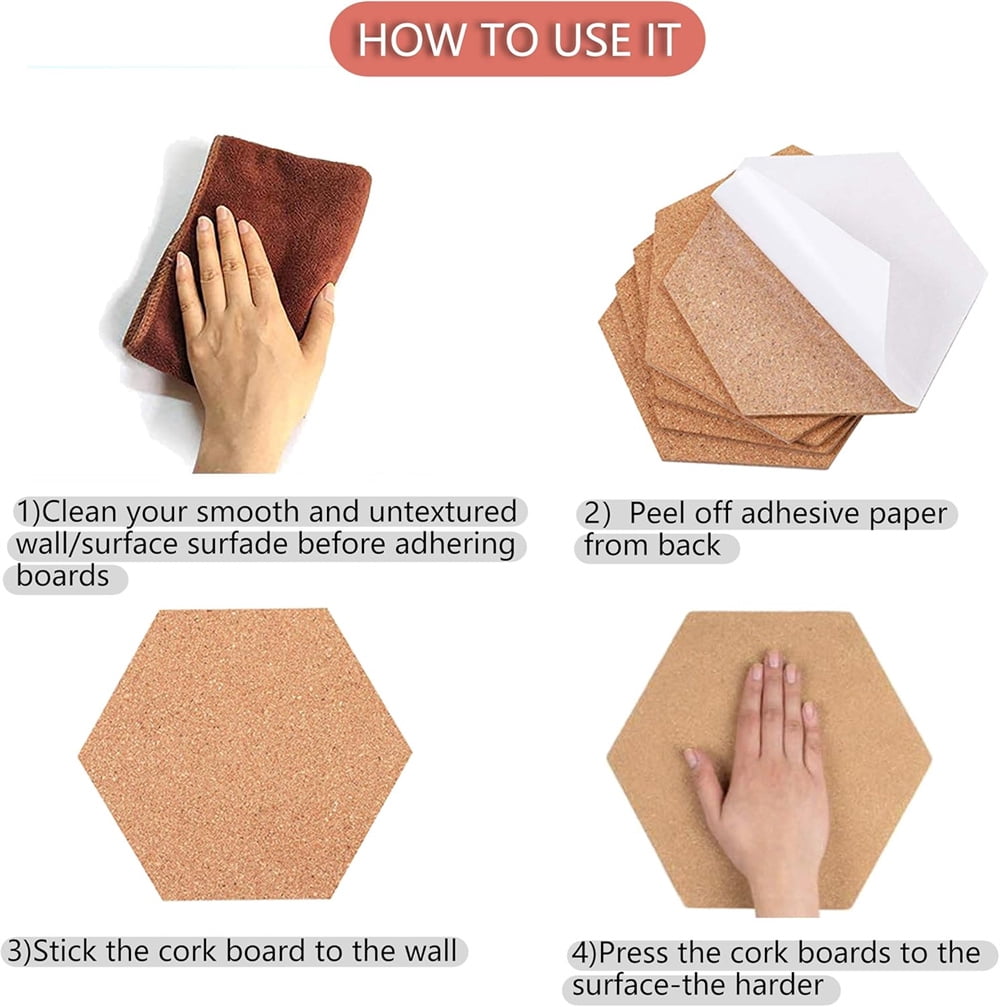 NOGIS 6 Pack Cork Board Hexagon Bulletin Boards Cork Tiles 8"x7" - 1/4" Self-Adhesive Corkboards with 40 Push Pins Mini Wall for Wall Home School Office Decorative