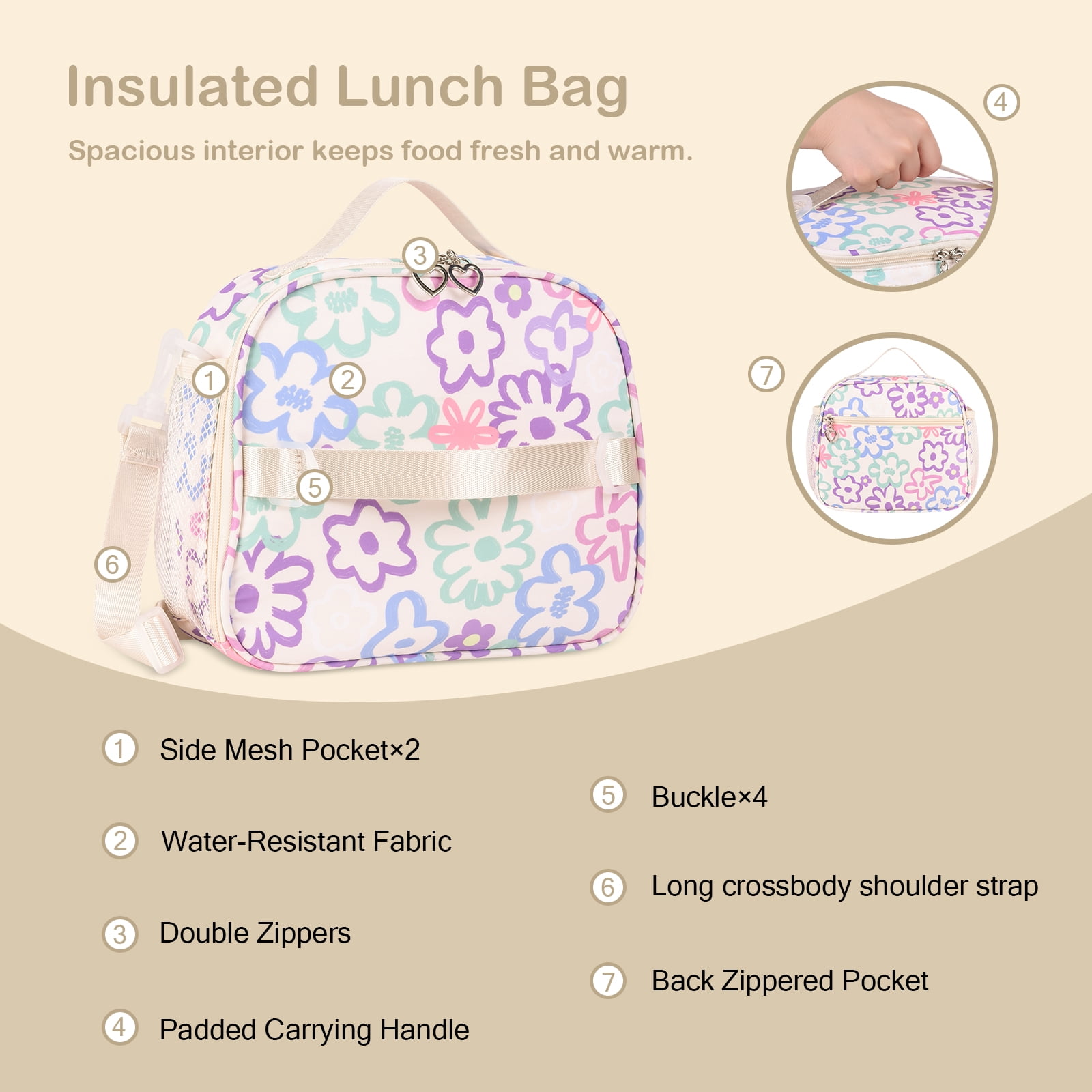 School Backpack Set for Girls,Lightweight Bookbag with Large Capacity, 3-in-1 School Essentials Set Includes Lunch Box & Pencil Case Beige