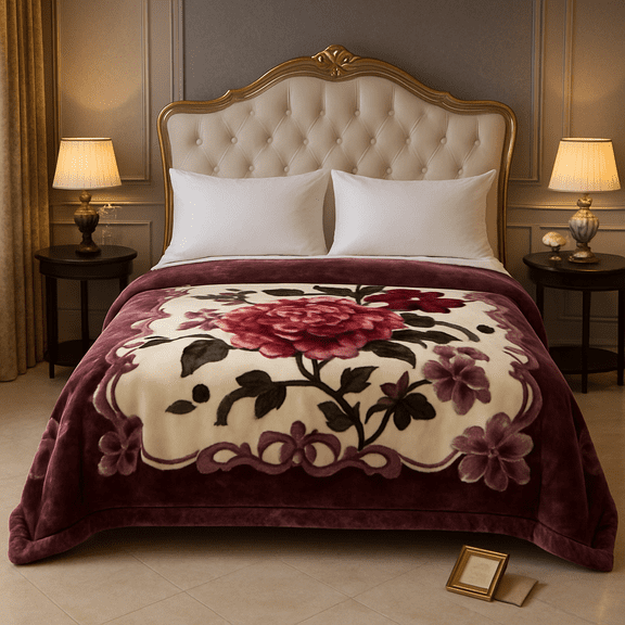 Shubozy VelvaBlossom Luxe Floral Blanket – King Size, 2-Ply Heavyweight Korean Style Mink Blanket