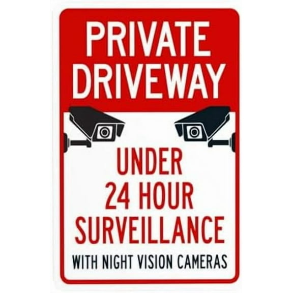 Under 24 Hour Video Surveillance By Night Vision Cameras With Graphic Warning Sign, Driveway Metal Signs for Business Home Garage Street Wall Caution Custom Decor 8 x 12 Inch