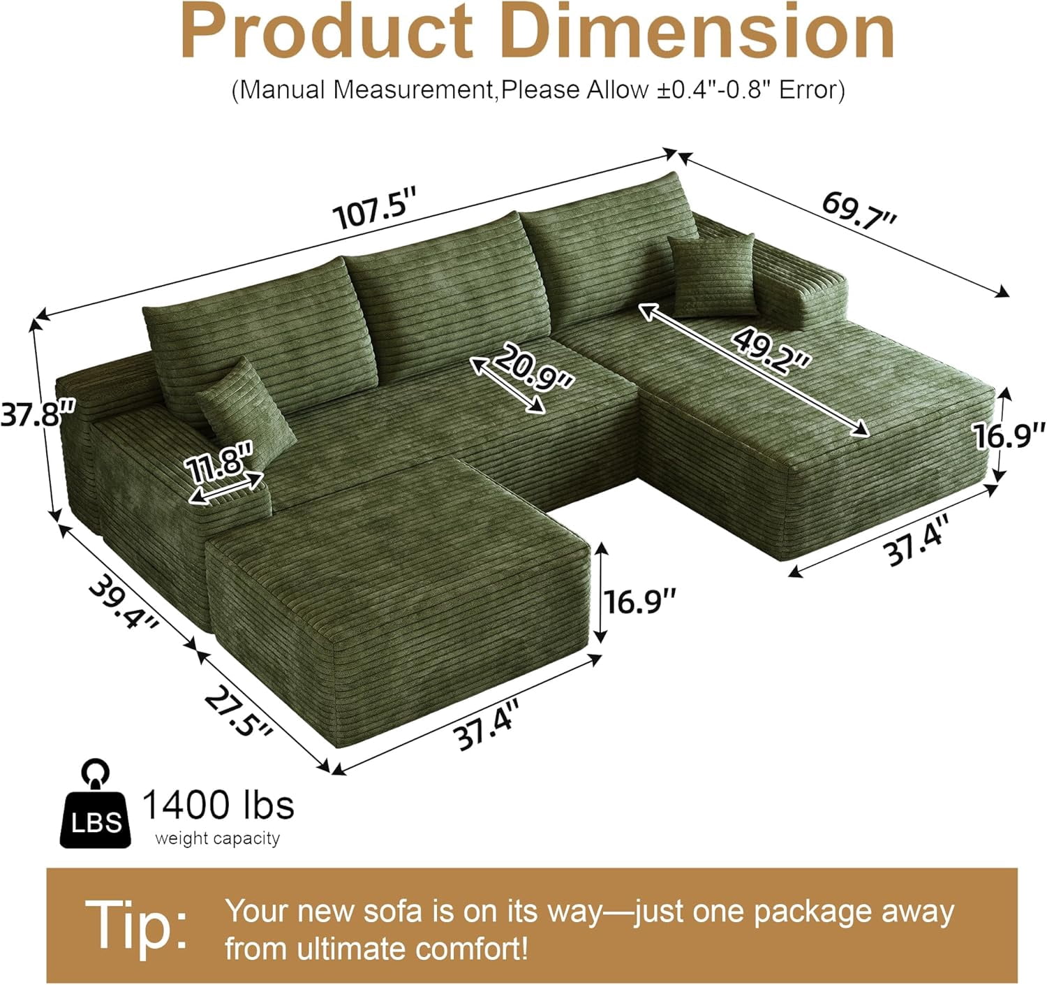 Sailvan 107" Cloud Sectional Couch, Cloudy Sofa with L-Shape Chaise & Ottoman, Upholstered Couches for Living Room & Bedroom, No Assembly Required, Plush Corduroy Fabric, Green