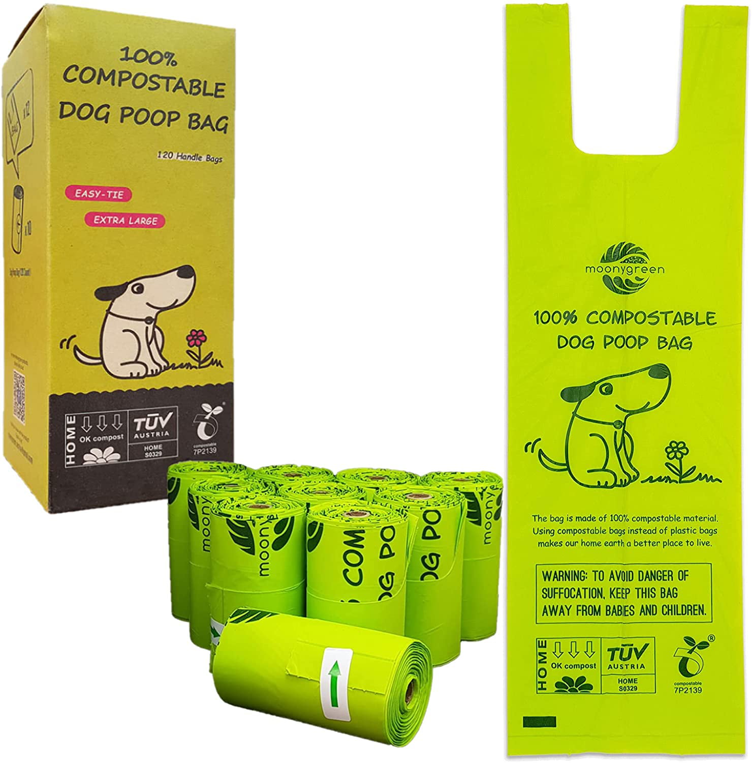 Compostable Dog Poop Bags with Handles Large Poo Waste Bag for Pets Eco-Friendly Leak-Proof Doggie Bags for Poop Holder Biodegradable Doggy Poop Bag with Easy Tie Handles Refills Unscented 