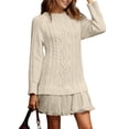 thumbnail image 3 of Robe Chandail en Tricot Torsadé pour Femmes, Col Ras du Cou, Manches Longues, Mini-Robe Plissée, Style Deux-en-un, Robe Patchwork, Blanc Laiteux, S, 3 of 7