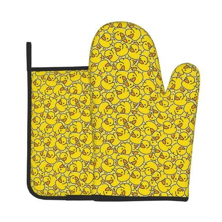 

Tebeau Ducky Cartoon Animal Yellow Print Oven Mitts and Pan Racks 2-Piece Set Kitchen Oven Mitts and Pan Racks Heat Resistant 500 °F for Baking and Cooking