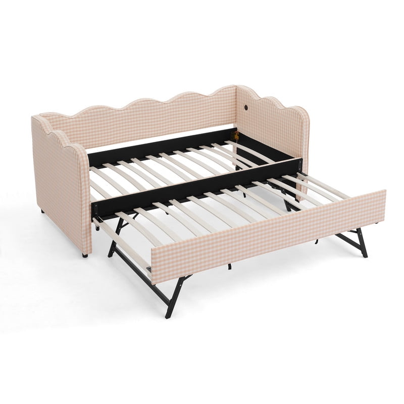 Twin Size Upholstery Daybed with Trundle and USB, Twin to King Design Adorable Wave Shaped Extendable Linen Sofa Bed Cozy Gingham Daybed, for Living Room and Bedroom