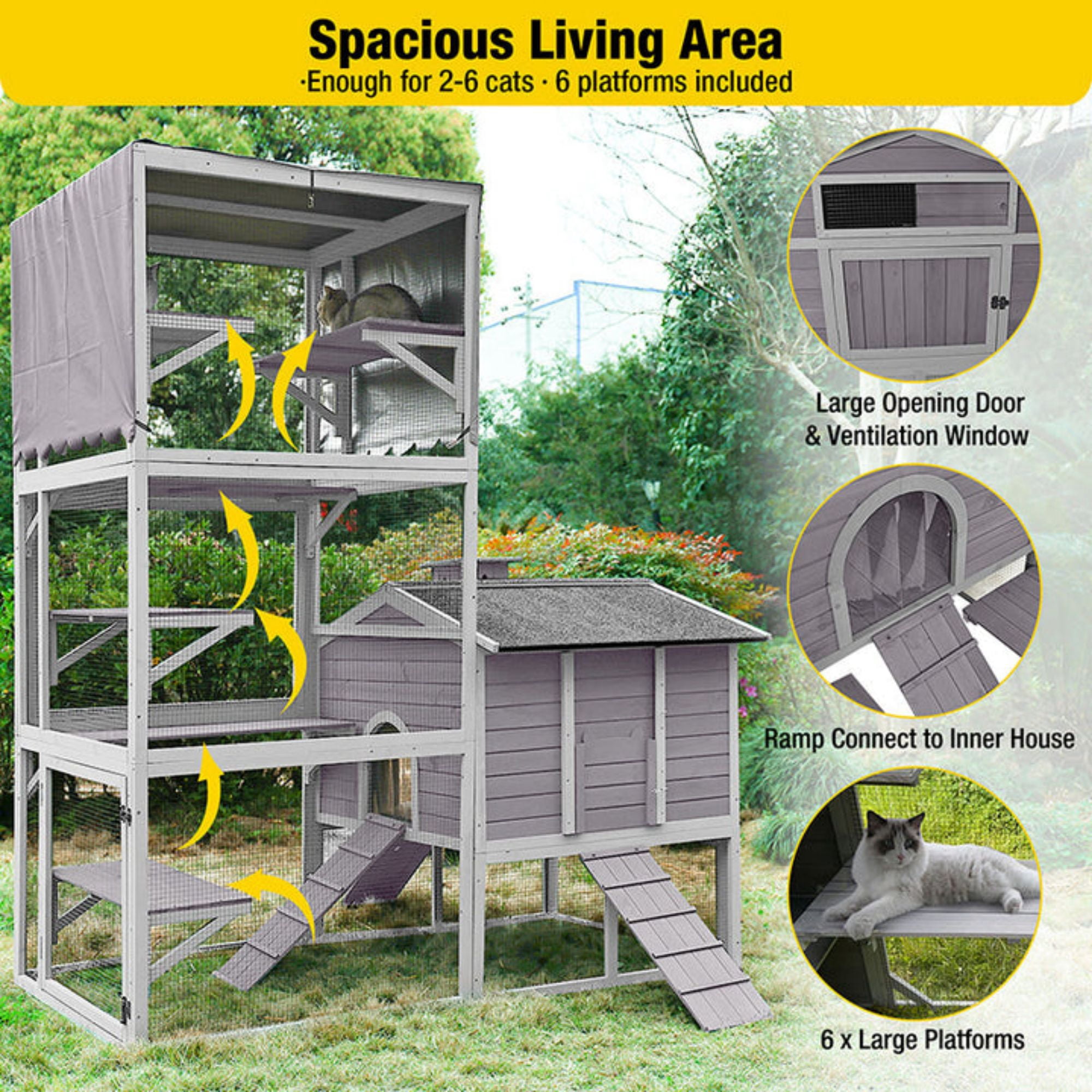 Aivituvin Catio Outdoor Cat House 90"H with 2 Bridges 6 Platforms Large Cat Enclosure for 2-3 Cats