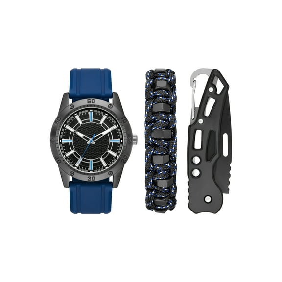 Folio Men's Gift Set; Gunmetal Tone Round Case, Textured Dial, Blue Silicone Strap with Multi-color Braided Bracelet and Black Multi-tool (FMDAL1189)