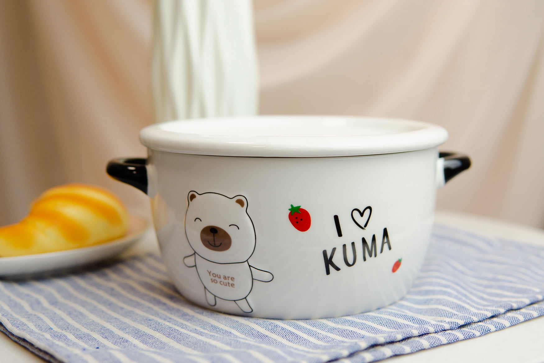 Pack Of 2 Brown And White Kuma Bear Porcelain Kids Food Bowls 25Oz W/ Lid Plate