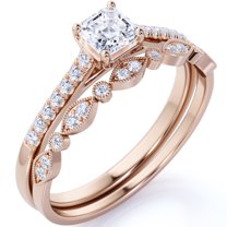 JeenMata 1.5 ct - Cushion Cut Moissanite - Pave Set - Simple Thin Band - Vintage Style Wedding Ring Set in 18K Rose Gold over Silver