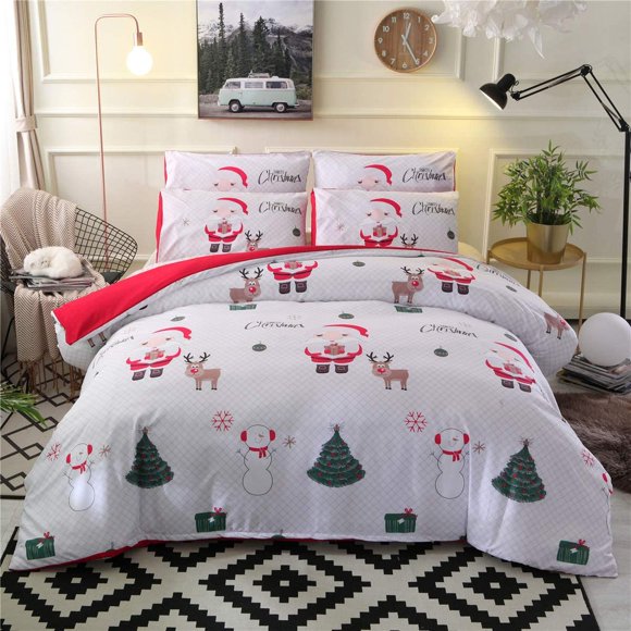 Christmas Duvet Cover Set Queen White Santa Claus Deer Tree Printed Bedding Quilt Cover Sets for New Year