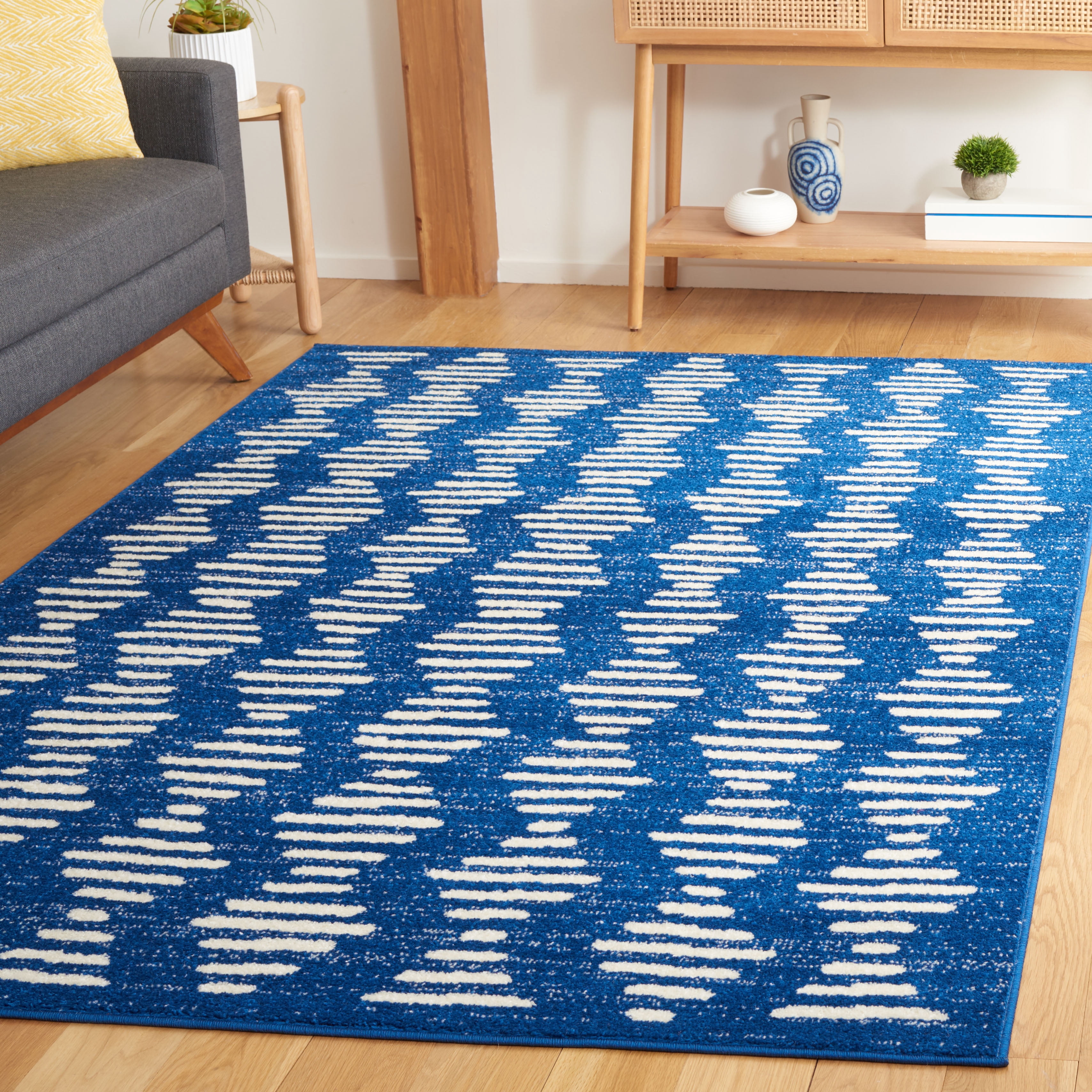 SAFAVIEH Tulum Lancaster Geometric Striped Area Rug, Navy/Ivory, 9' x 12'