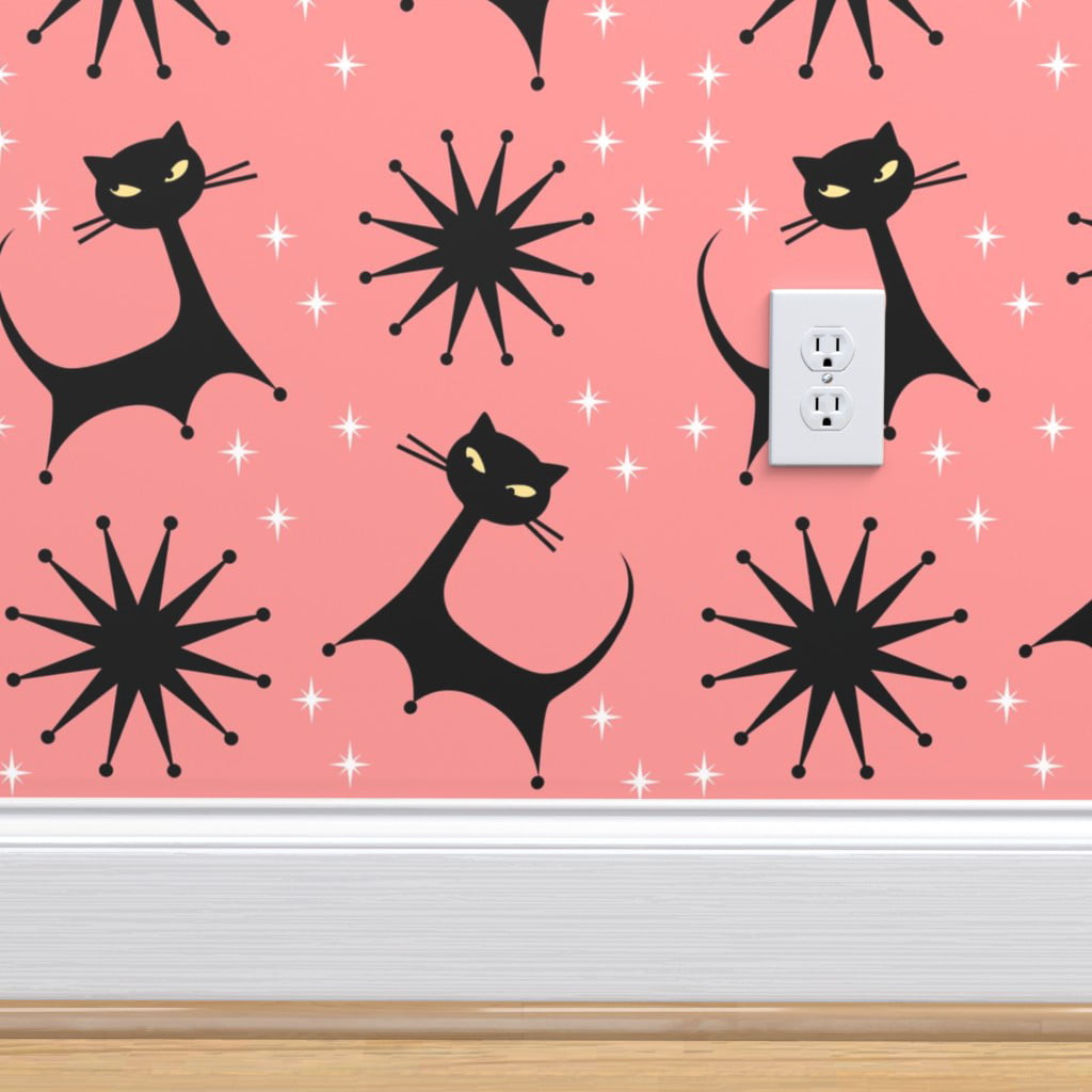 Removable Water-Activated Wallpaper Cats Retro Atomic Mid Century Starbursts