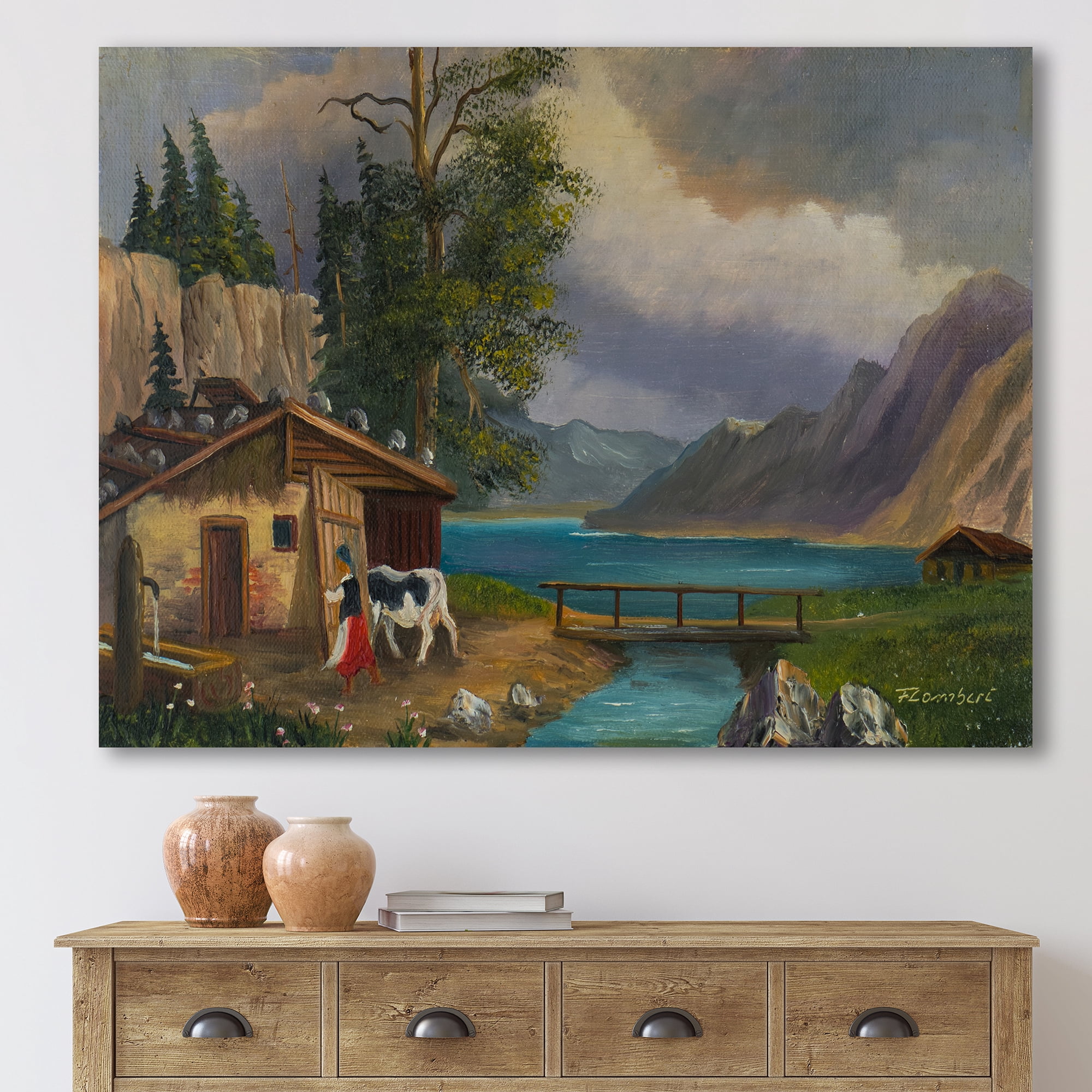 Designart ' Girl Brings The Cow Into The Stable At A Lake ' Farmhouse Canvas Wall Art Print